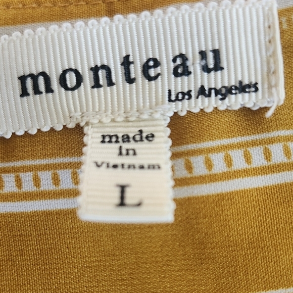 Monteau Mustard & White Striped Mini Dress | Flutter Sleeve V-Neck Size M - Picture 7 of 8